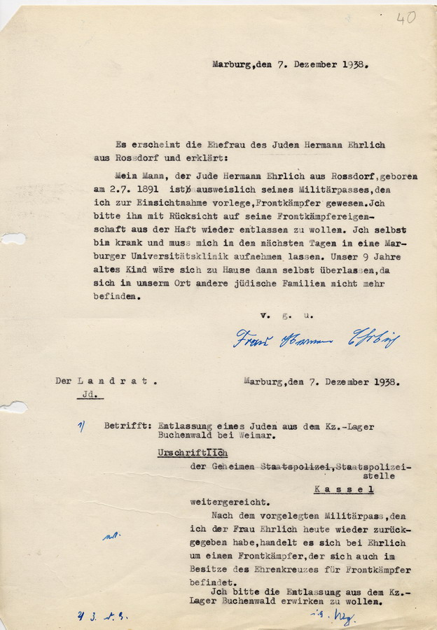 Protokoll des Gesuchs von der Ehefrau des Hermann Ehrlich durch den Landrat in Marburg. Ehrlich soll als Frontkämpfer aus der Haft entlassen werden, 7. Dezember 1938