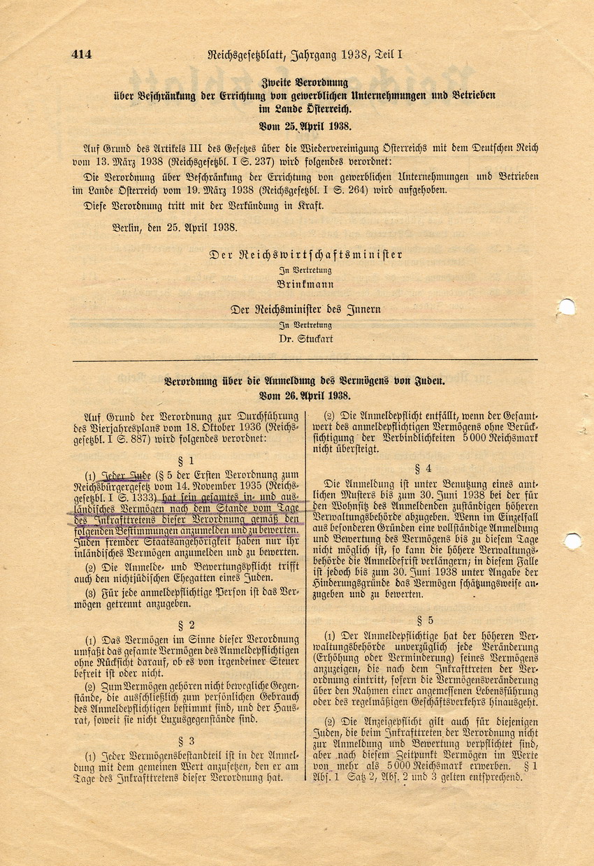 Verordnung des Beauftragten für den Vierjahresplan Göring und des Reichsminister des Innern Frick betreffend Anmeldung und Bewertung jüdischen Vermögens und Anordnung des Beauftragten für den Vierjahresplan Göring zur Verordnung, 26. April 1938.