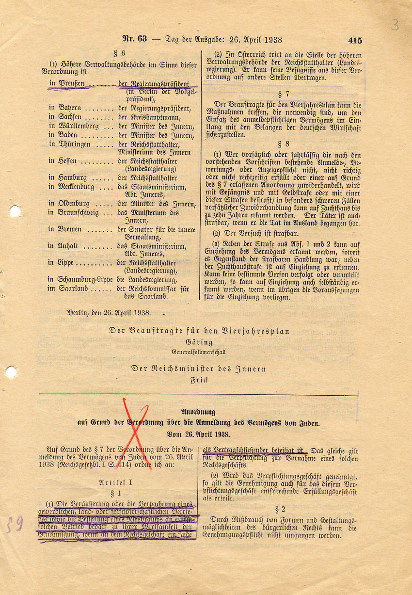 Verordnung des Beauftragten für den Vierjahresplan Göring und des Reichsminister des Innern Frick betreffend Anmeldung und Bewertung jüdischen Vermögens und Anordnung des Beauftragten für den Vierjahresplan Göring zur Verordnung, 26. April 1938.