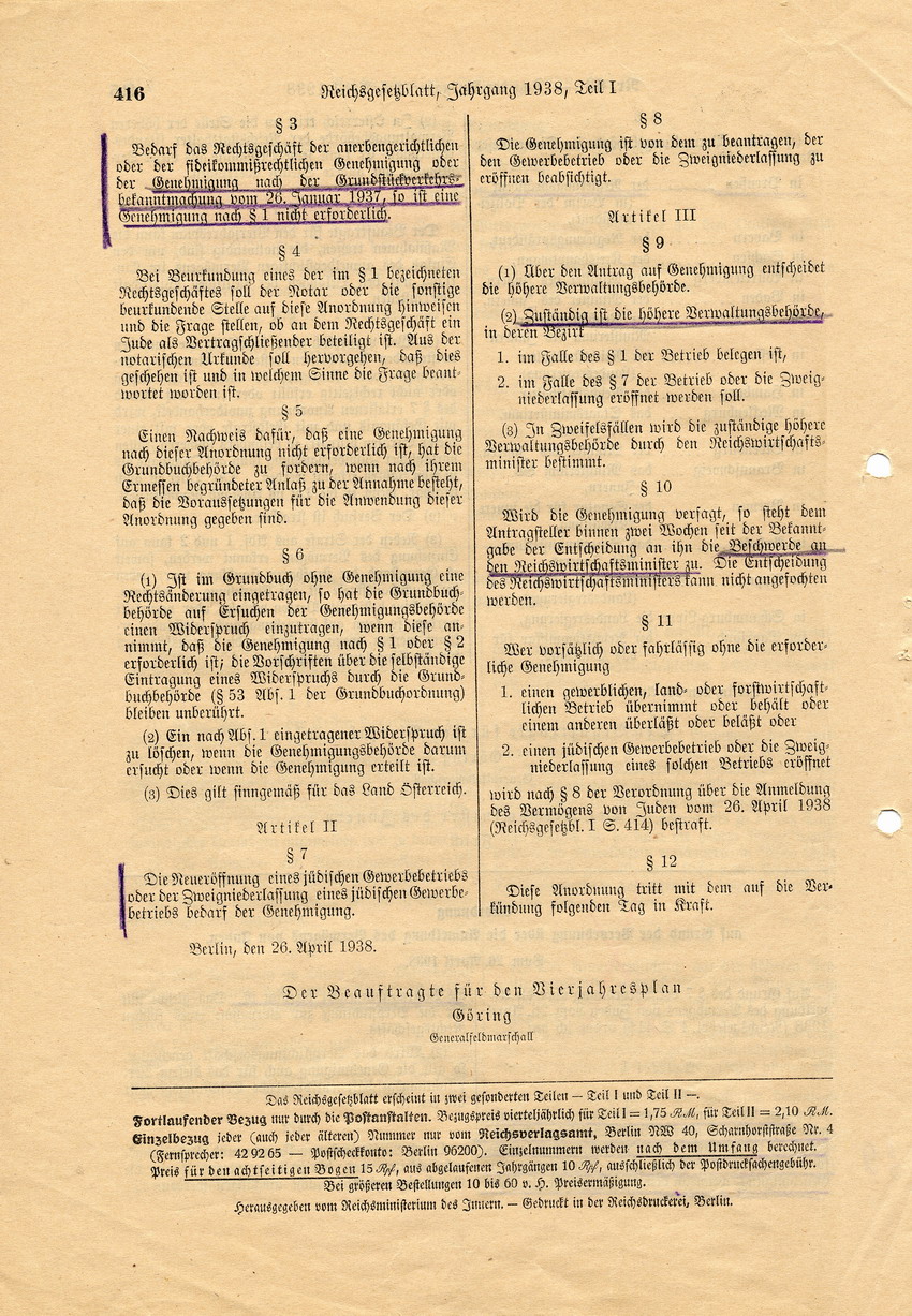 Verordnung des Beauftragten für den Vierjahresplan Göring und des Reichsminister des Innern Frick betreffend Anmeldung und Bewertung jüdischen Vermögens und Anordnung des Beauftragten für den Vierjahresplan Göring zur Verordnung, 26. April 1938.