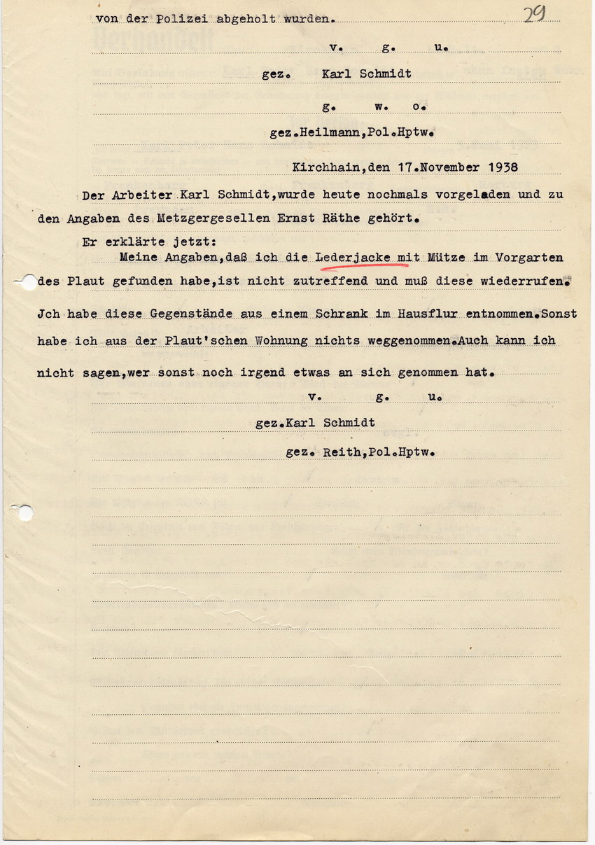 Vernehmungsprotokoll der Polizei Kirchhain zu den Ausschreitungen am 8. November 1938.  Der Beschuldigte gibt den Diebstahl einer Jacke aus dem Haus des jüdischen Bürgers Plaut zu. Aufgenommen am 9. November 1938.