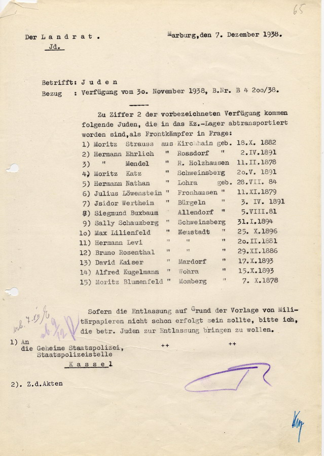 Schreiben des Landrats in Marburg an die GeStaPo Kassel. Liste der inhaftierten Personen angefertigt, welche als Frontkämpfer zu entlassen sind, 7. Dezember 1938