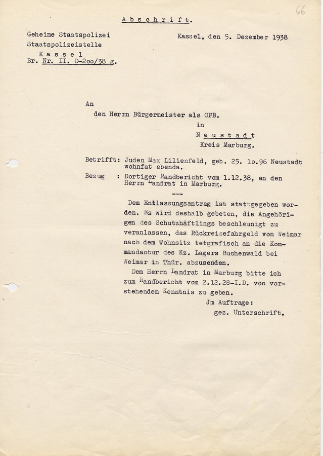 Schreiben der GeStaPo Kassel an den Bürgermeister in Neustadt. Die Angehörigen des in Buchenwald inhaftierten Max Lilienfeld werden gebeten, "Rückreisefahrgeld" zu zahlen, 5. Dezember 1938