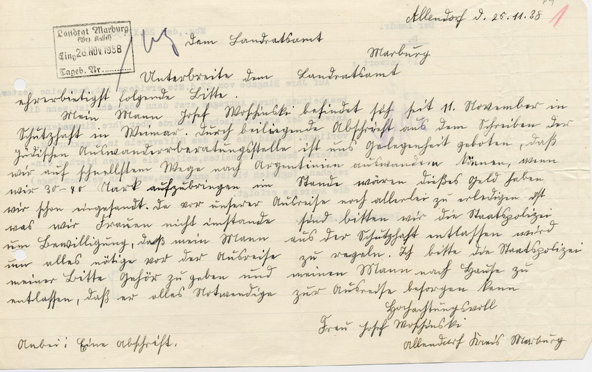 Antrag von Frau Worschinsky an den Landrat in Marburg. Herr Josef Worschinsky soll aufgrund der geplanten Auswanderung nach Argentinien aus Haft entlassen werden, 25. November 1938