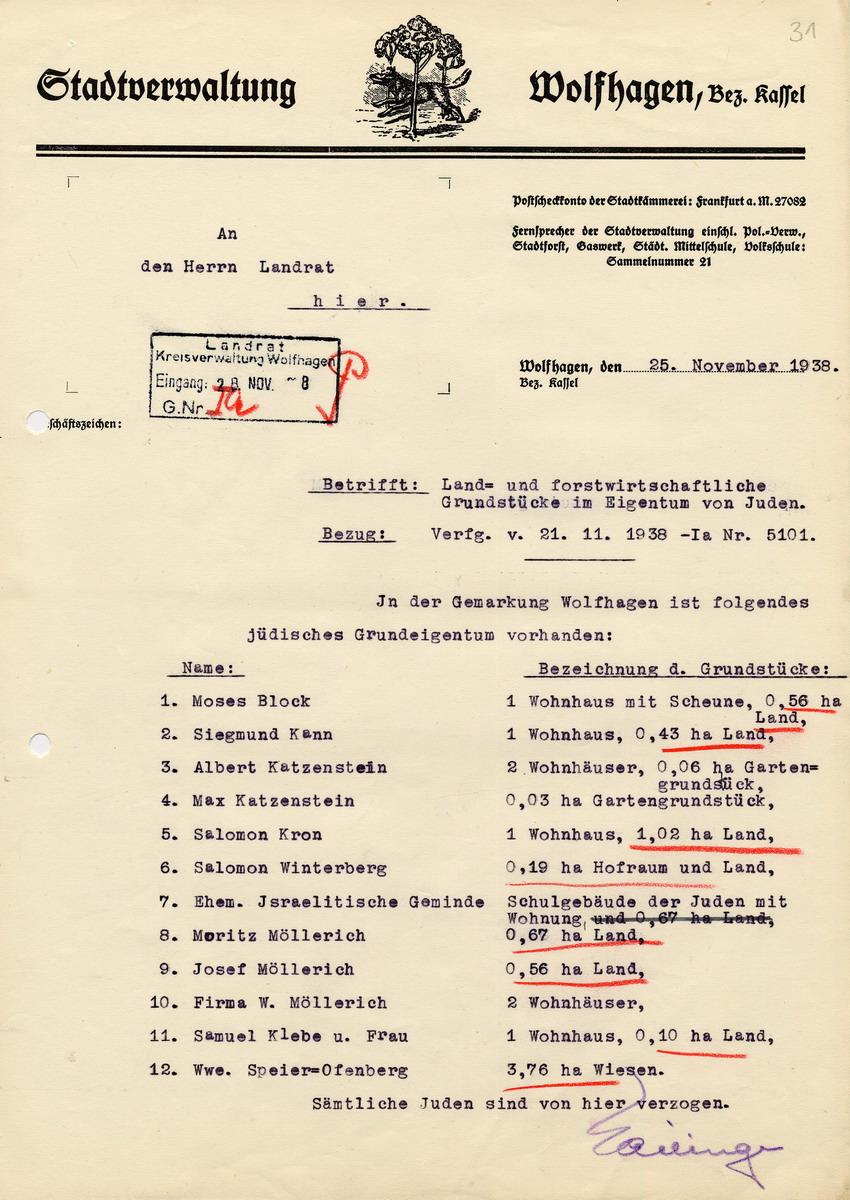 Aufstellung der Stadtverwaltung Wolfhagen über die land- und forstwirtschaftlichen Grundstücke in Eigentum von Juden in der Gemarkung Wolfhagen für den Landrat, 25. November 1938.