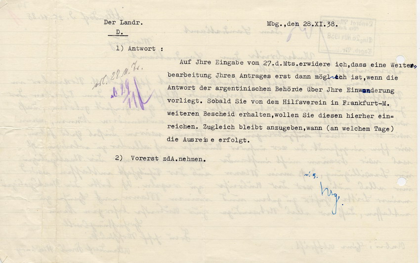 Antwort des Landrats auf das Schreiben von Frau Worschinsky. Entlassung ist erst dann möglich, wenn Auswanderung vom argentinischen Konsulat bestätigt wird, 28. November 1938