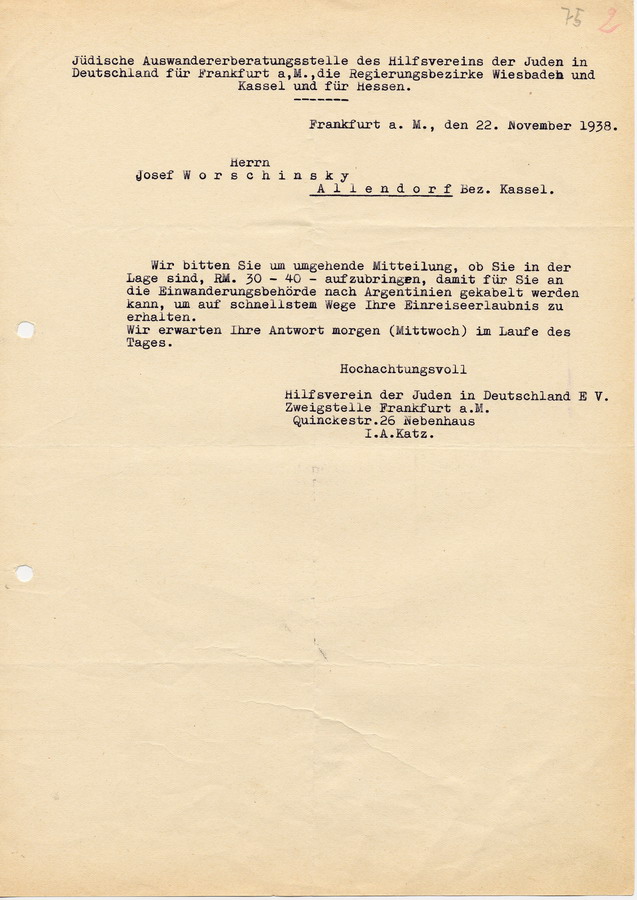Schreiben des Hilfsvereins an Frau Worschinsky. Verfahren für Einreiseerlaubnis soll beschleunigt werden, 22. November 1938