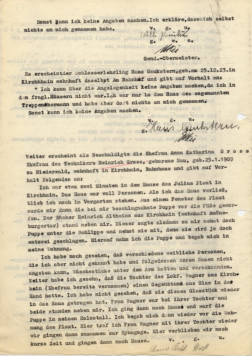 Verhandlungsprotokoll aus Kirchhain zu den Ausschreitungen am 8. November 1938. Dokument enthält u.a. die Aussage des Zeugen Willi Paulus, der zugibt im Hause Plaut eine Schreibmaschine aufgebracht zu haben.  Vom 18. November 1938.