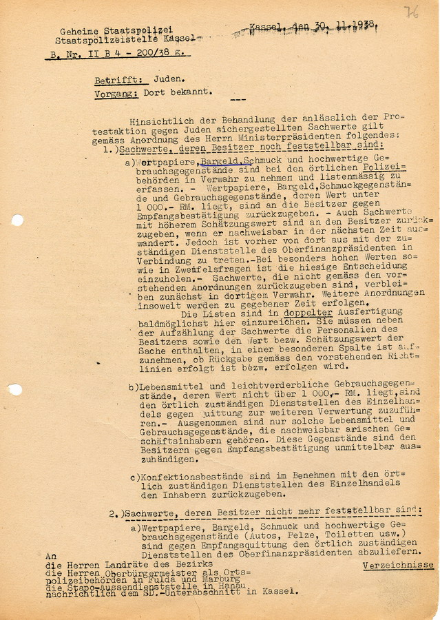 Schreiben der GeStaPo Kassel an Landräte, Oberbürgermeister und Polizei. "Jüdische Sachwerte", welche im Rahmen der Ausschreitungen gegen Juden sichergestellt wurden, 30. November 1938
