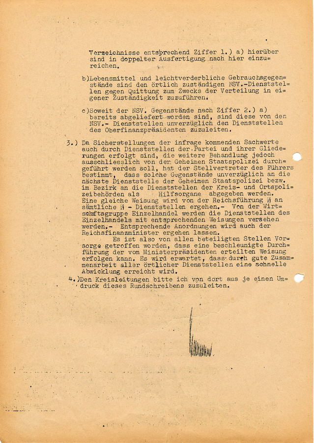 Schreiben der GeStaPo Kassel an Landräte, Oberbürgermeister und Polizei. "Jüdische Sachwerte", welche im Rahmen der Ausschreitungen gegen Juden sichergestellt wurden, 30. November 1938