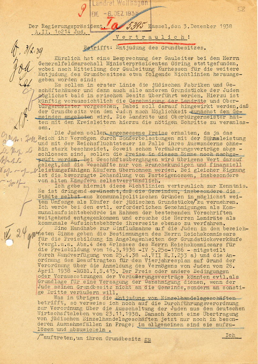 Vertrauliches Schreiben des Regierungspräsidenten in Kassel betreffend Richtlinien für die weitere "Entjudung" des Grundbesitzes, 3. Dezember 1938.