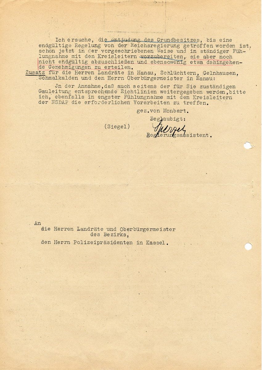 Vertrauliches Schreiben des Regierungspräsidenten in Kassel betreffend Richtlinien für die weitere "Entjudung" des Grundbesitzes, 3. Dezember 1938.