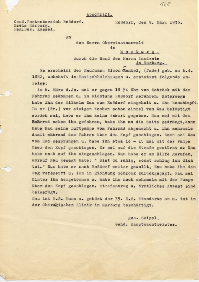 Anzeige Simon Frenkels in der es um den Angriff des SS-Mitgliedes Wilhelm Nau auf den Juden Frenkel geht, 09. März 1935