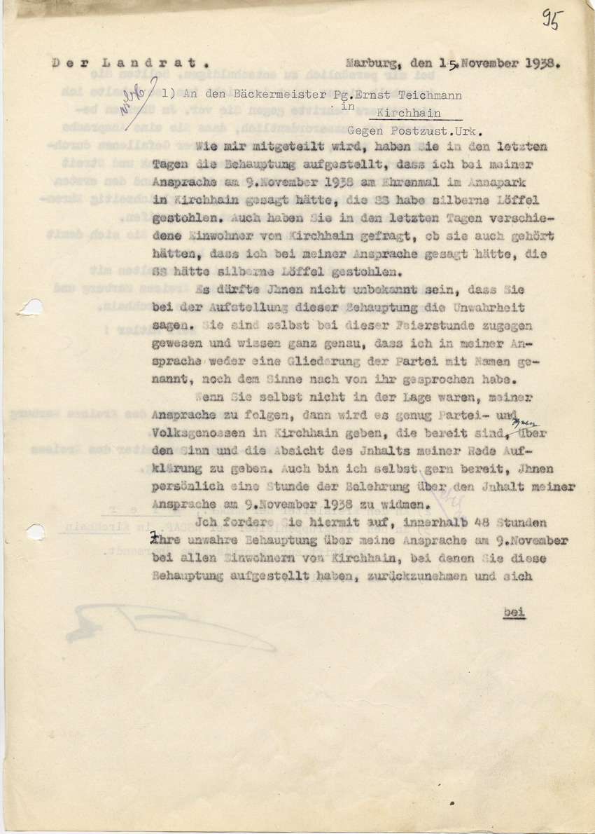 Beschwerdebrief des Landrats an den SS Obersturmführer Ernst Teichmann, betreffend dessen Aussagen zur Ansprache des Landrates am 9. November 1938. Brief vom 15. November 1938.