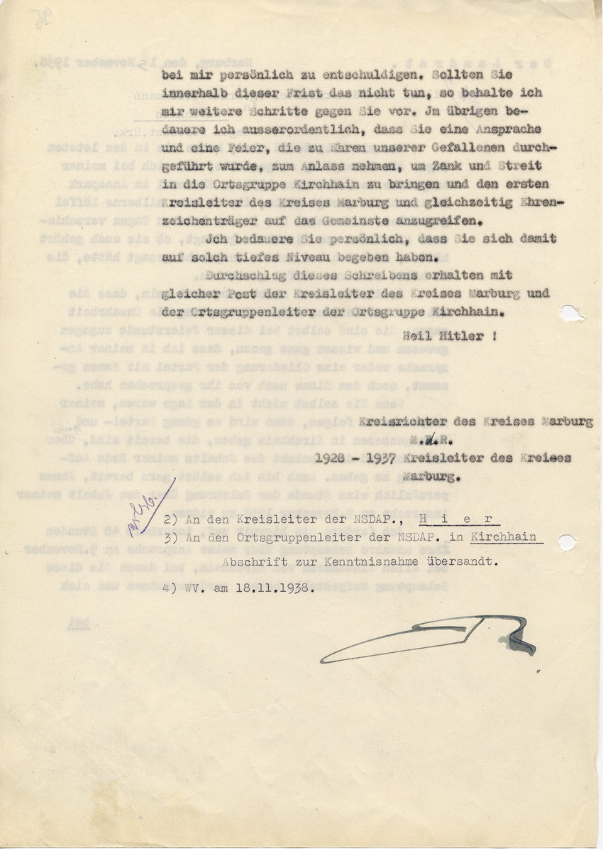 Beschwerdebrief des Landrats an den SS Obersturmführer Ernst Teichmann, betreffend dessen Aussagen zur Ansprache des Landrates am 9. November 1938. Brief vom 15. November 1938.