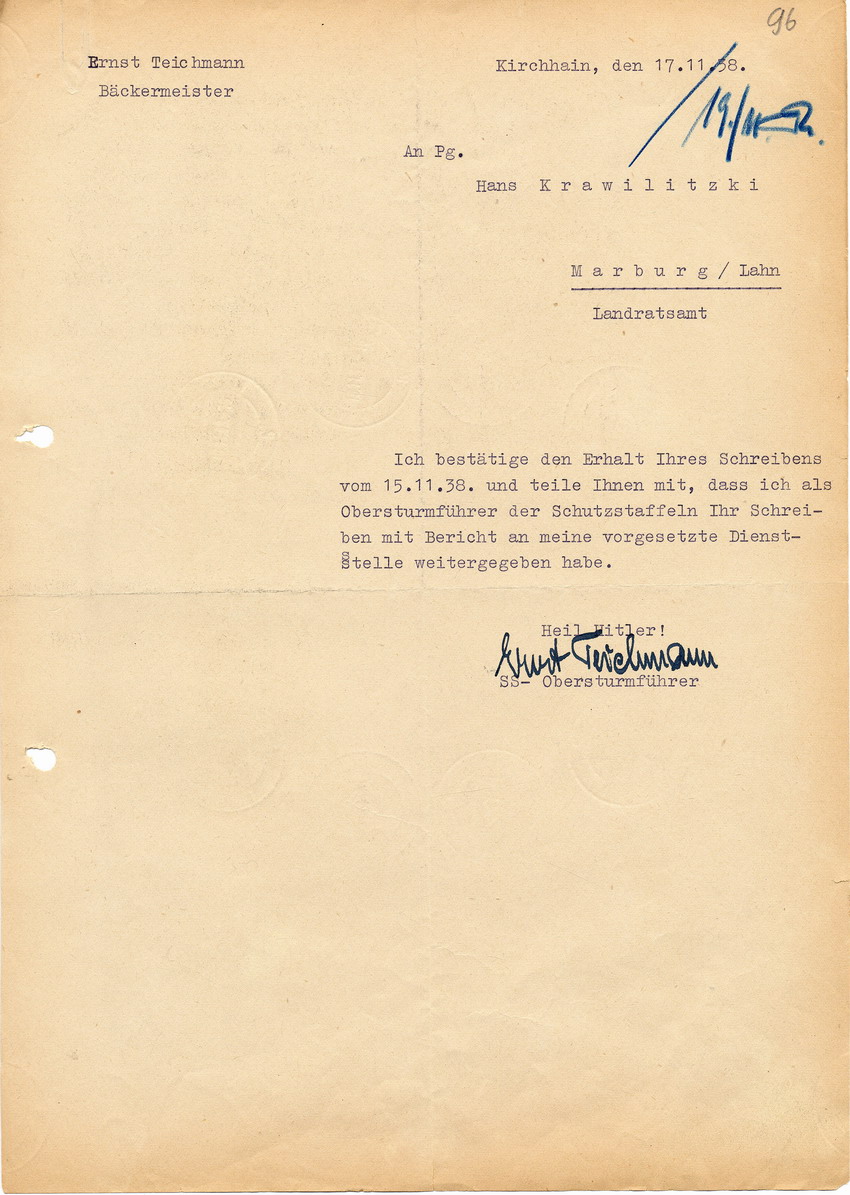 Brief des SS Obersturmführers Ernst Teichmann an den Landrat in Marburg, Hans Krawielitzki bezüglich dessen Rede vom 9. November 1938, vom 17. November 1938