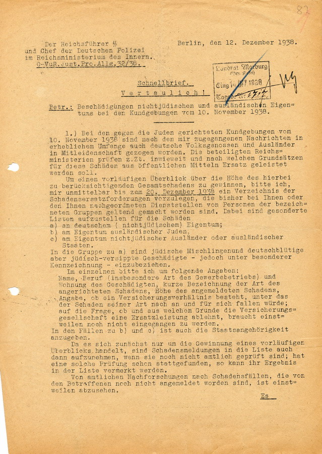 Schreiben des Innenministeriums, Reichsführer SS Himmler an die Regierungspräsidenten. Erfassung von Beschädigungen durch die Ausschreitungen, 12. Dezember 1938