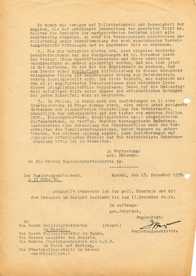 Schreiben des Innenministeriums, Reichsführer SS Himmler an die Regierungspräsidenten. Erfassung von Beschädigungen durch die Ausschreitungen, 12. Dezember 1938