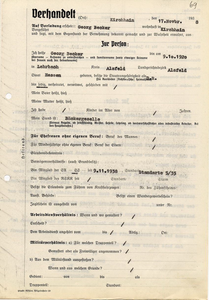 Vernehmungsprotokoll der Polizei Kirchhain zu den Ausschreitungen am 8. November 1938, in dem Georg Becker angibt, den Diebstahl von Silberbestecken durch einen der SS bekannten Dieb beobachtet zu haben.   Vom 17 November 1938.