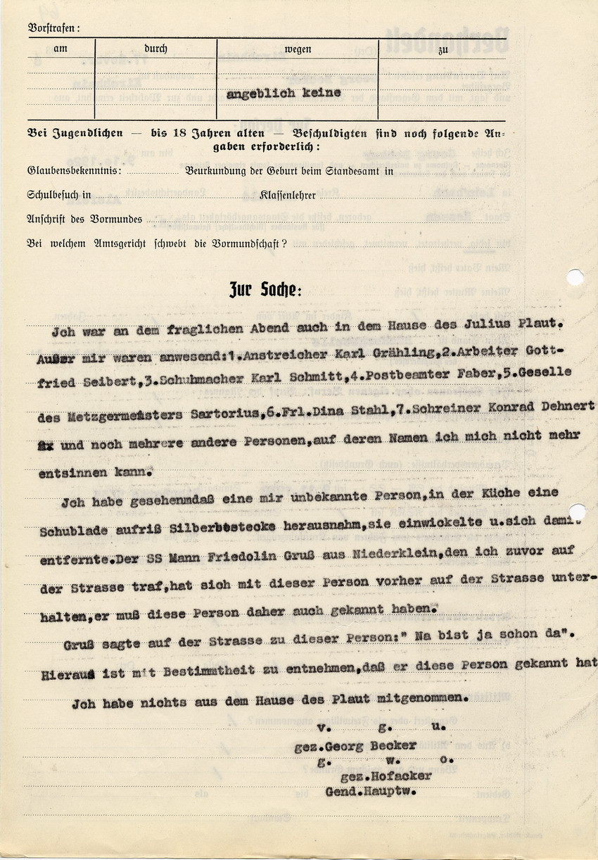 Vernehmungsprotokoll der Polizei Kirchhain zu den Ausschreitungen am 8. November 1938, in dem Georg Becker angibt, den Diebstahl von Silberbestecken durch einen der SS bekannten Dieb beobachtet zu haben.   Vom 17 November 1938.