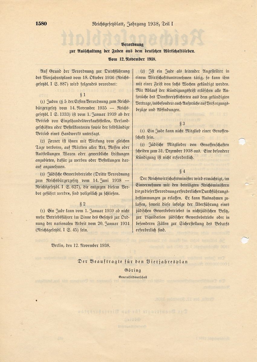 Verordnung des Beauftragten für den Vierjahresplan Göring betreffend "Ausschaltung der Juden aus dem deutschen Wirtschaftsleben", 12. November 1938.