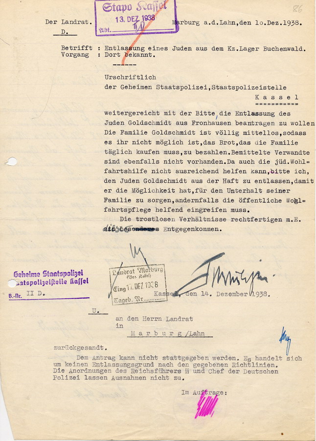 Antwort der GeStaPo Kassel auf den Antrag des Landrats in Marburg, an den Landrat in Marburg. Goldschmidt wird nicht entlassen, 14. Dezember 1938: