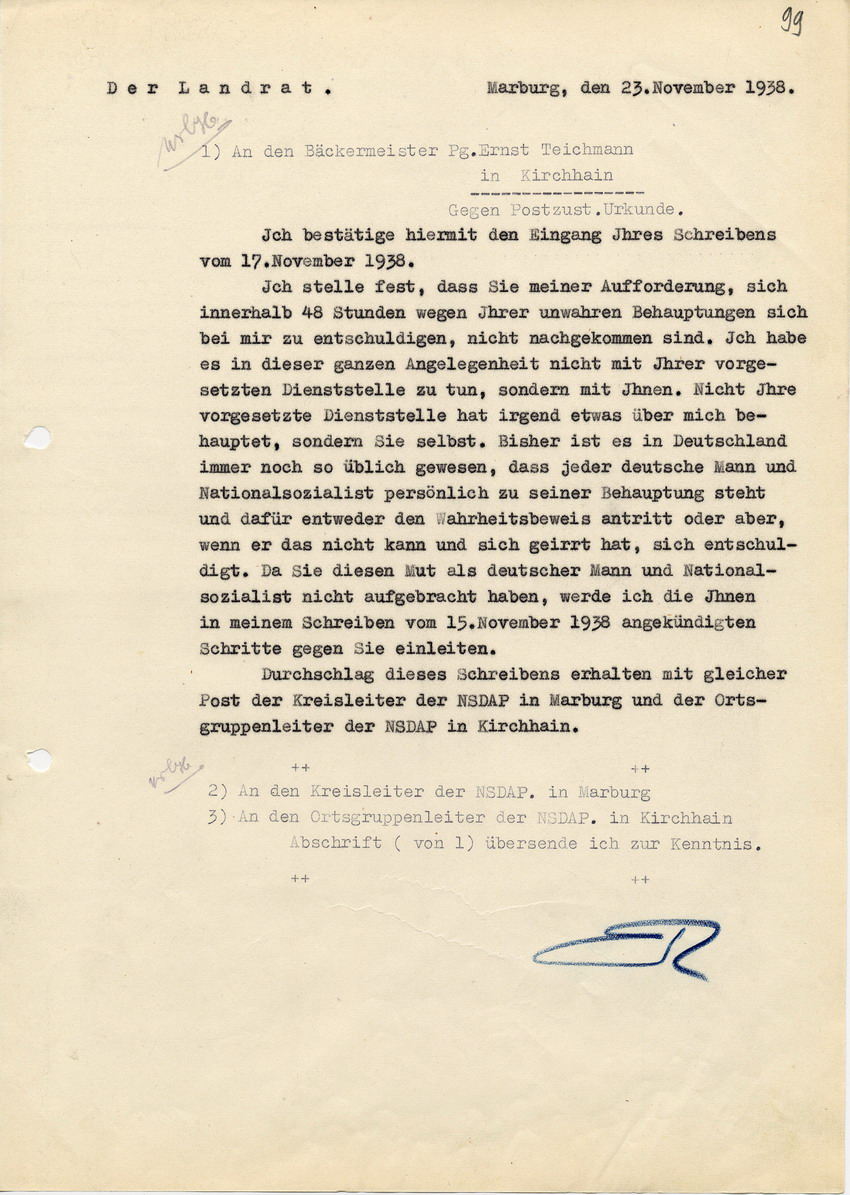 Beschwerdebrief des Landrats an den Bäckermeister Ernst Teichmann vom 23. November 1938.