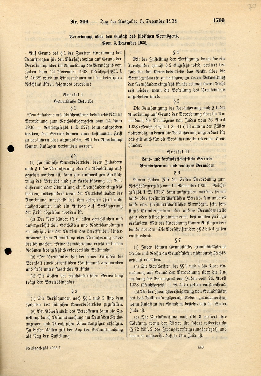 Verordnung des Reichswirtschaftsministers Walther Funk und des Reichsministers des Innern Frick über den "Einsatz jüdischen Vermögens", 3. Dezember 1938.