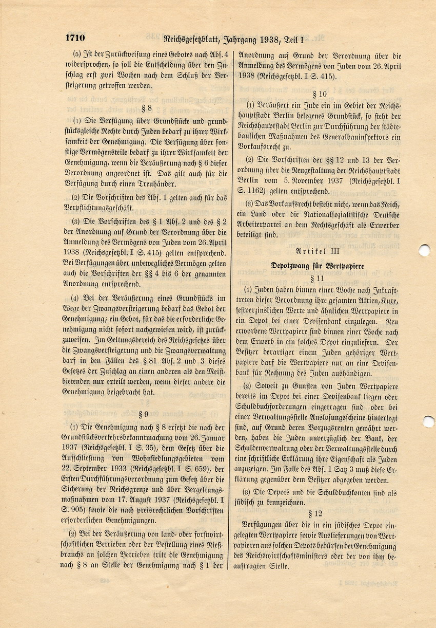 Verordnung des Reichswirtschaftsministers Walther Funk und des Reichsministers des Innern Frick über den "Einsatz jüdischen Vermögens", 3. Dezember 1938.