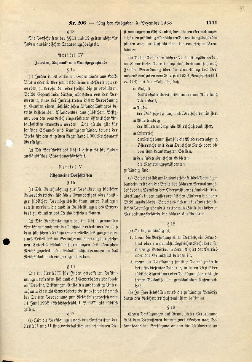 Verordnung des Reichswirtschaftsministers Walther Funk und des Reichsministers des Innern Frick über den "Einsatz jüdischen Vermögens", 3. Dezember 1938.