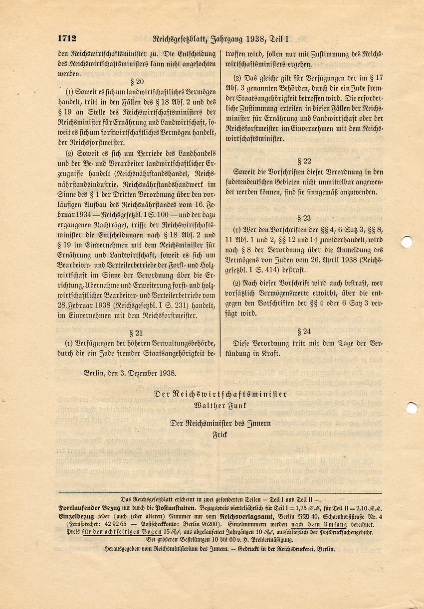 Verordnung des Reichswirtschaftsministers Walther Funk und des Reichsministers des Innern Frick über den "Einsatz jüdischen Vermögens", 3. Dezember 1938.