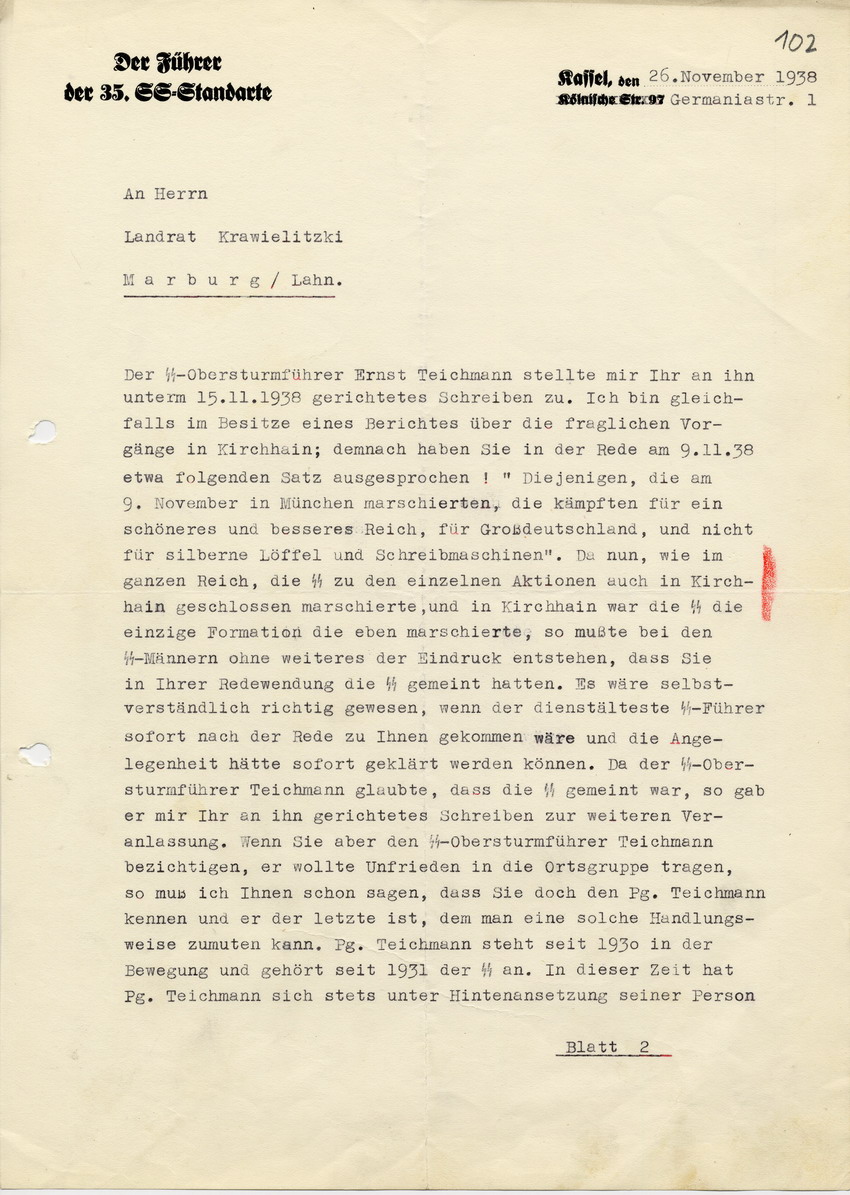 Brief des Führers der 35. SS Standarte an den Landrat in Marburg, Hans Krawielitzki, vom 26. November 1938
