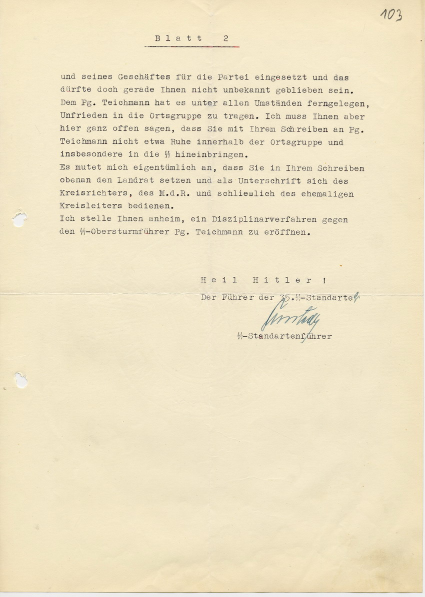 Brief des Führers der 35. SS Standarte an den Landrat in Marburg, Hans Krawielitzki, vom 26. November 1938