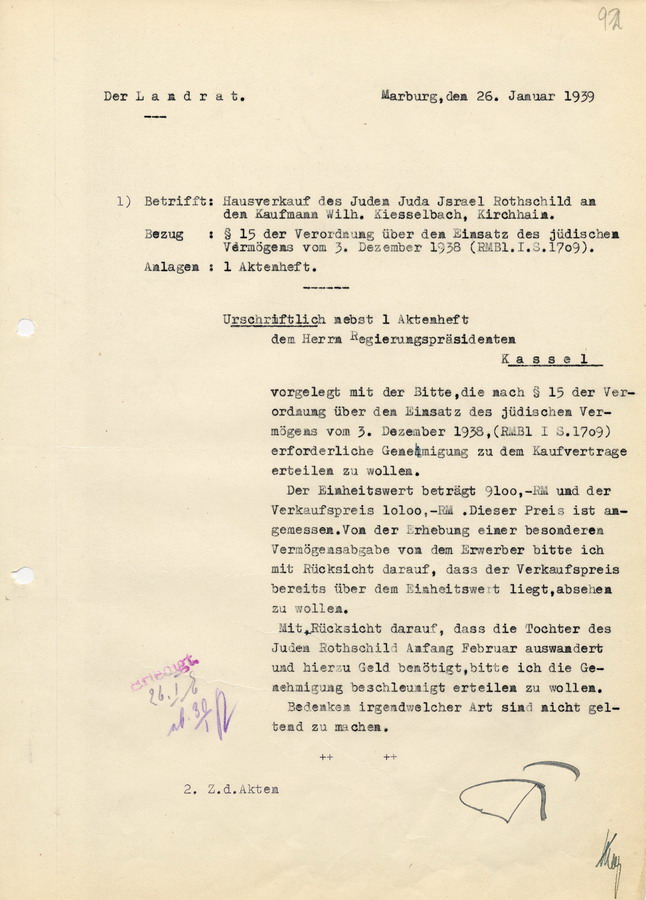 Schreiben des Landrats in Marburg an den Regierungspräsidenten in Kassel. Hausverkauf des Juda Israel Rothschild an Wilhelm Kiesselbach, 26. Januar 1939