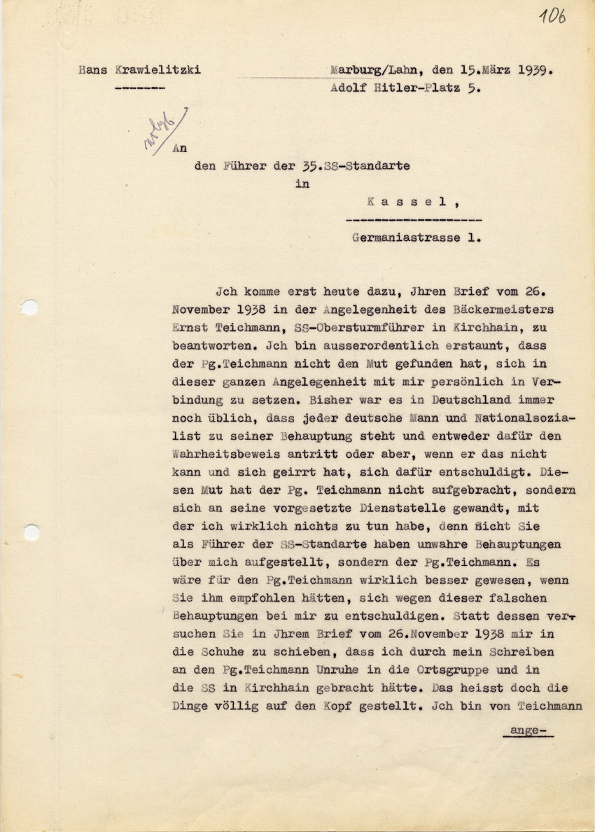 Antwort des Landrats auf ein Schreiben des Führers der 35. SS Standarte,  betreffend das Schreiben des Ernst Teichmann vom 17. November 1938. Brief vom 15. März 1939.