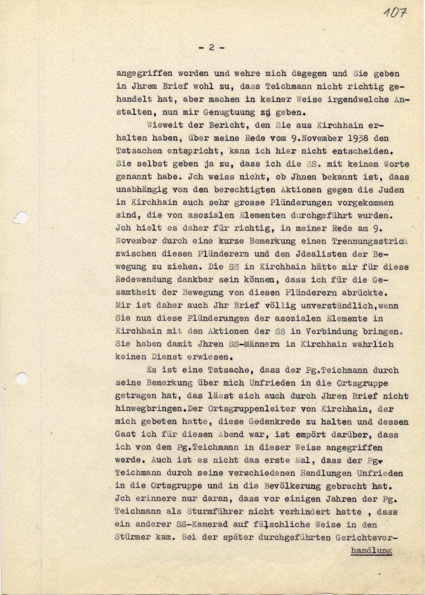 Antwort des Landrats auf ein Schreiben des Führers der 35. SS Standarte,  betreffend das Schreiben des Ernst Teichmann vom 17. November 1938. Brief vom 15. März 1939.