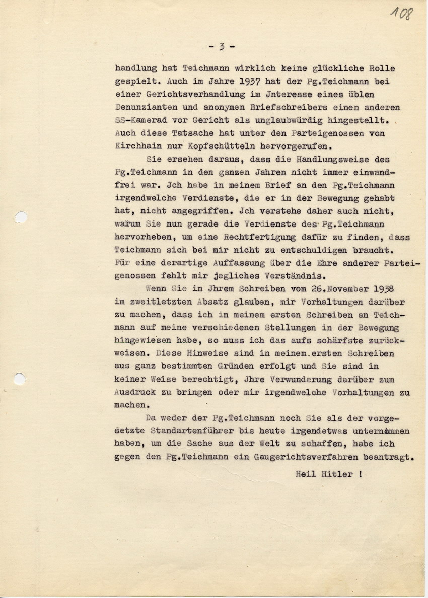 Antwort des Landrats auf ein Schreiben des Führers der 35. SS Standarte,  betreffend das Schreiben des Ernst Teichmann vom 17. November 1938. Brief vom 15. März 1939.