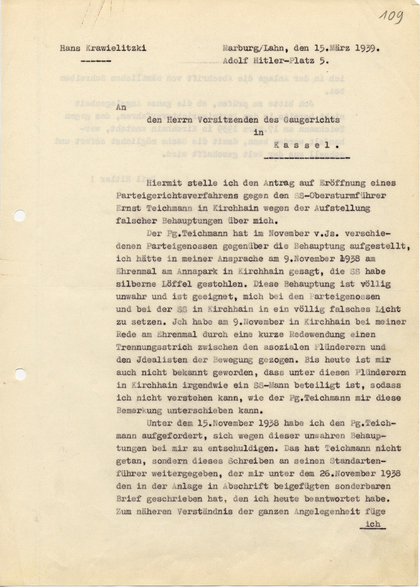 Antrag des Landrats Hans Krawielitzki an das Gaugericht in Kassel zur Eröffnung eines Gaugerichtsverfahrens gegen den SS Obersturmführer Ernst Teichmann vom 15. März 1939