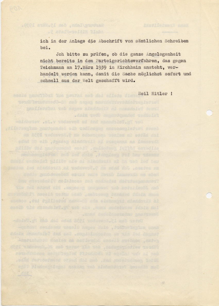 Antrag des Landrats Hans Krawielitzki an das Gaugericht in Kassel zur Eröffnung eines Gaugerichtsverfahrens gegen den SS Obersturmführer Ernst Teichmann vom 15. März 1939