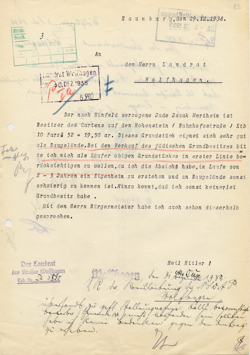 Schreiben von Otto Dux aus Naumburg an den Landrat in Wolfhagen betreffend Bitte um Berücksichtigung beim Verkauf eines jüdischen Grundstücks, 29. Dezember 1938.