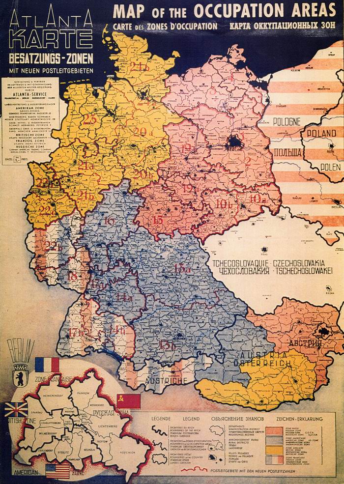 Die Aufteilung Deutschlands in Besatzungszonen Bild zum Dokument Karte: Besatzungszonen mit neuen Postleitgebieten (Map of the
