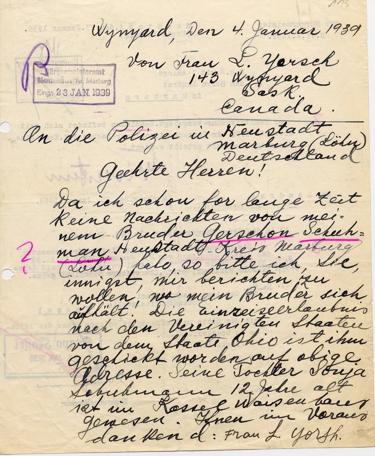 Schreiben von Frau L. Yorsch an den Landrat in Marburg. Anfrage über den Aufenthaltsort ihres Bruders, Schuhmann, 4. Januar 1939