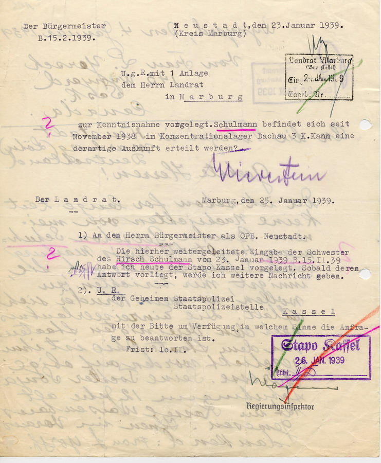 Anfrage des Bürgermeisters in Neustadt an den Landrat in Marburg, Bezug auf Eingabe von Frau Yorsch vom 4. Januar 1939. Verbleib von Goldmann im KZ Dachau, 25. Januar 1939