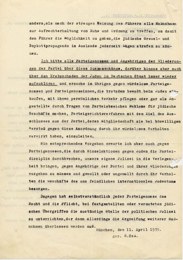 Eine nicht zur Veröffentlichung aufgestellte Anordnung des Stellvertreters des Führers, Rudolf Heß, bezüglich des Verbots des persönlichen Verkehrs der Parteianhänger mit Juden, 11. April 1935.