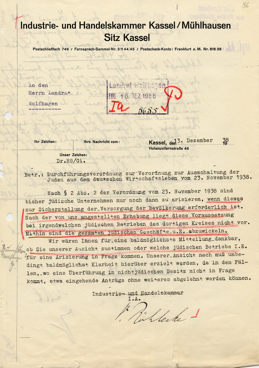 Schreiben der Industrie- und Handelskammer Kassel/Mühlhausen Sitz Kassel an den Landrat in Wolfhagen betreffend zwangsweise Enteignung jüdischer Betriebe, 13. Dezember 1938.