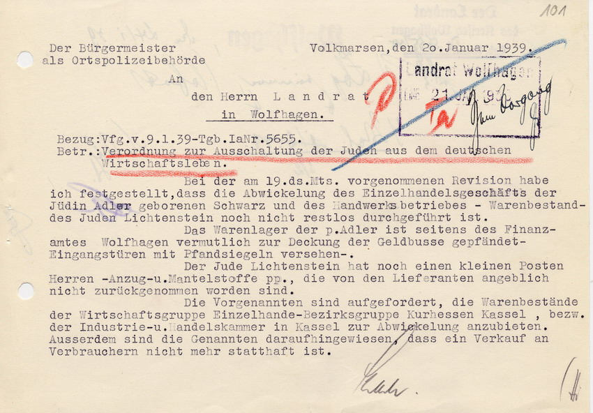 Schreiben des Bürgermeisters von Volkmarsen als Ortspolizeibehörde an den Landrat in Wolfhagen betreffend Abwicklung eines Einzelhandelsgeschäfts und eines Handwerksbetriebs, 20. Januar 1939.