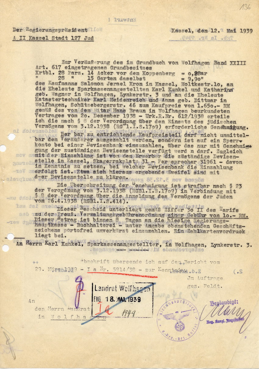 Genehmigung des Regierungspräsidenten in Kassel betreffend Veräußerung von Grundbesitz, 12. Mai 1939.