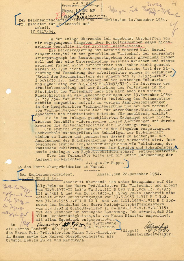 Schreiben des Reichswirtschaftsminister Schmitt an den Oberpräsidenten in Kassel bezüglich Boykottmaßnahmen gegen "nicht-arische" Geschäfte in Hessen-Nassau, 10. Dezember 1934