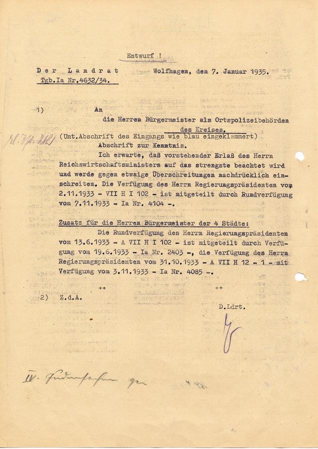 Schreiben des Reichswirtschaftsminister Schmitt an den Oberpräsidenten in Kassel bezüglich Boykottmaßnahmen gegen "nicht-arische" Geschäfte in Hessen-Nassau, 10. Dezember 1934