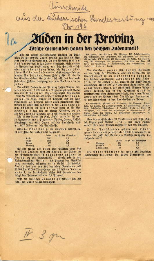 Ausschnitt aus der kurhessischen Landeszeitung Nr. 196 zum Thema "Juden in der Provinz", 23.08.1935
